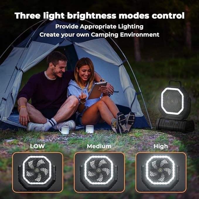 Wavising Camping-Ventilator - 20000mAh Akku-Ventilator wiederaufladbar mit LED-Laterne - Tragbarer Outdoor-Zelt-Ventilator mit Aufhängehaken 4 Geschwindigkeiten Wind-Fernbedienung