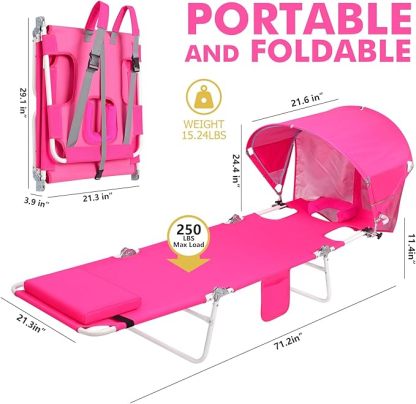 Wavising Backpack Beach Tanning Lounge Chair mit Sonnendach Umbrella Face Hole für Erwachsene draußen Lesen Sonnenbaden Poolside Camping, UPF 50+ Sonnenschutz, Pink