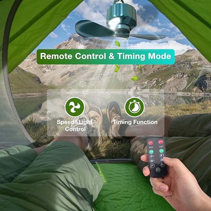 Wavising  Zelt Deckenventilatoren für Camping, tragbare Zelt Ventilatoren mit Licht und Fernbedienung, Power Bank, USB Batterie betriebene Camping Laterne Fan mit hängenden Haken für Outdoor-Zelt