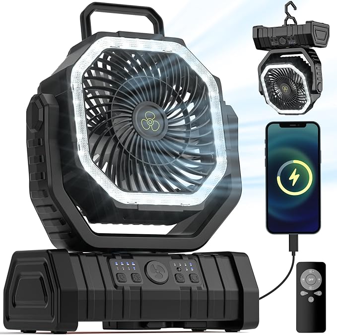 Wavising Camping-Ventilator - 20000mAh Akku-Ventilator wiederaufladbar mit LED-Laterne - Tragbarer Outdoor-Zelt-Ventilator mit Aufhängehaken 4 Geschwindigkeiten Wind-Fernbedienung