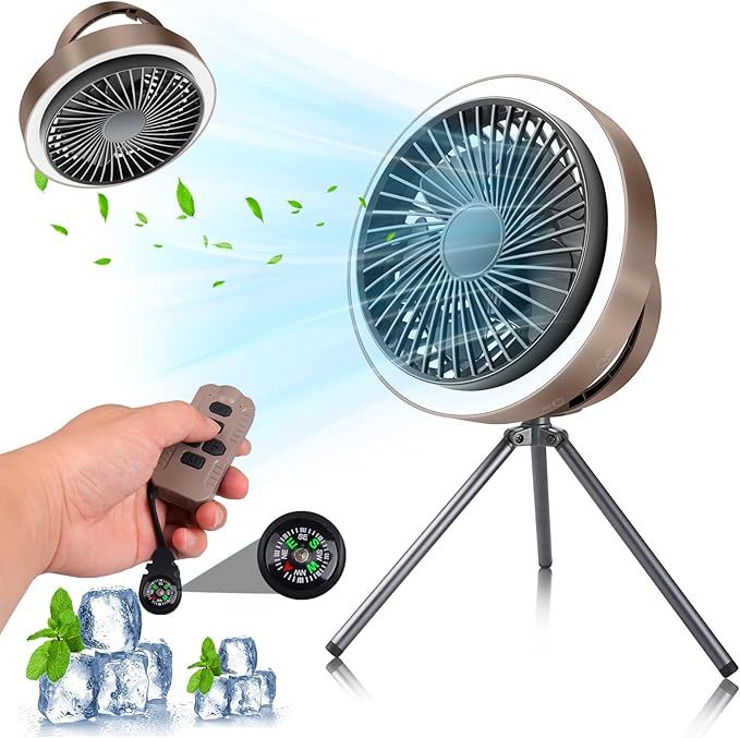 Wavising Camping-Ventilator mit LED-Laterne -USB Typ-C Aufladen, langlebige Batterie (10400mAh), superleise, starker Luftstrom für Sommerhitze, Zeltventilator mit Zelthaken, Fernbedienung, Timer, Kompass und Stativ.