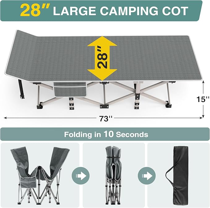 Wavising  28In Folding Camping Cot für Erwachsene, Portable Schlafbett mit Matratze, Outdoor Heavy Duty Cot Bett für Camp mit Tragetasche für Haus, Büro, Camp, Reisen, Urlaub (Max Loading 500lbs)
