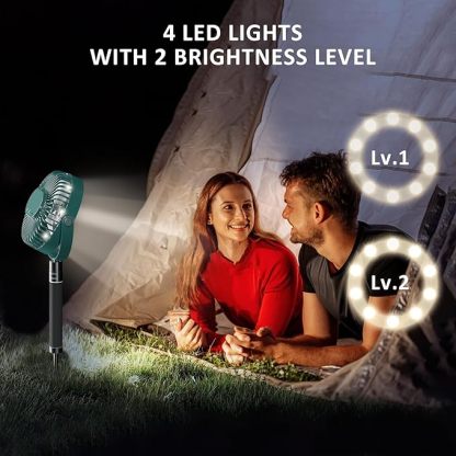 Wavising Batteriebetriebener Camping-Ventilator mit ausziehbarem Bodenständer, tragbarer, wiederaufladbarer Ventilator mit Licht für Camping, Zelt, Wandern, Strand, Golf