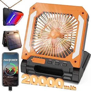 Wavising 20000mAh Wiederaufladbarer, solarbetriebener, tragbarer Ventilator mit Led-Laterne, 3 Geschwindigkeiten, kabelloser, batteriebetriebener Camping-Ventilator mit PowerBank, Timer, Hängeventilator und leisem Tischventilator für Zelt, Hurricane und B