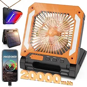 Wavising 20000mAh Wiederaufladbarer, solarbetriebener, tragbarer Ventilator mit Led-Laterne, 3 Geschwindigkeiten, kabelloser, batteriebetriebener Camping-Ventilator mit PowerBank, Timer, Hängeventilator und leisem Tischventilator für Zelt, Hurricane und B