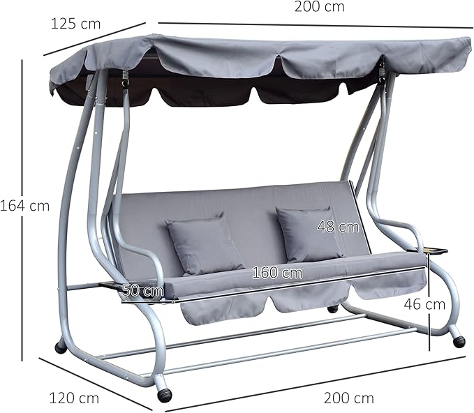Wavising 2-in-1 Garten-Schaukelsitz-Bett, 3-Sitzer-Convertible-Schaukelstuhl-Bank mit kippbarem Vordach, gepolstertem Sitz und 2 Kissen für Terrasse, Hof, grau