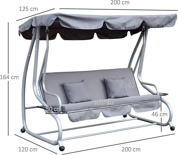 Wavising 2-in-1 Garten-Schaukelsitz-Bett, 3-Sitzer-Convertible-Schaukelstuhl-Bank mit kippbarem Vordach, gepolstertem Sitz und 2 Kissen für Terrasse, Hof, grau