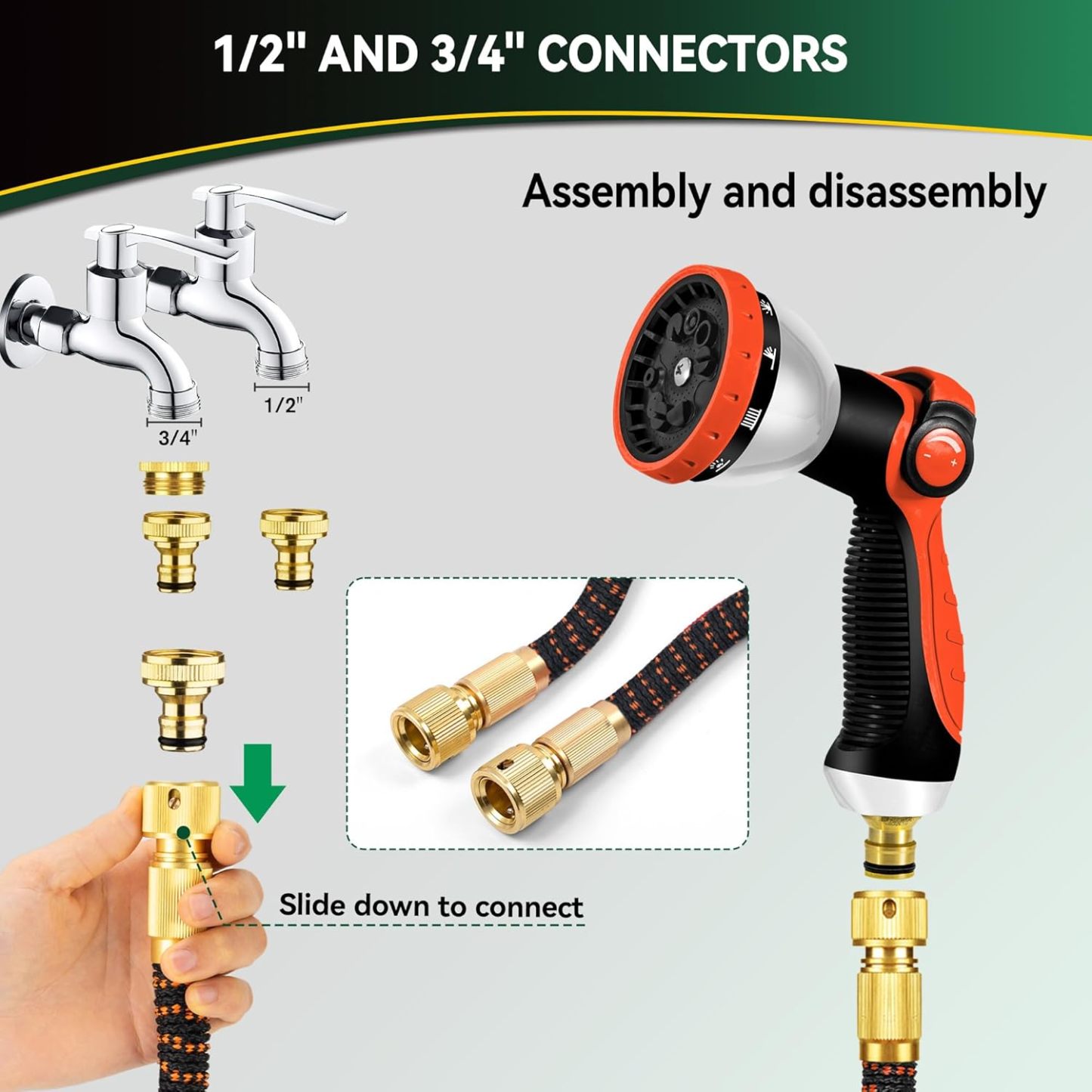 Ausdehnbarer Gartenschlauch, verbesserter 3-lagiger Latexschlauch, 3/4" und 1/2" Metallanschlüsse, langlebiges 3450D-Gewebe, knickfreier flexibler Wasserschlauch, 10 Sprühfunktionen (50 Fuß/15 m)