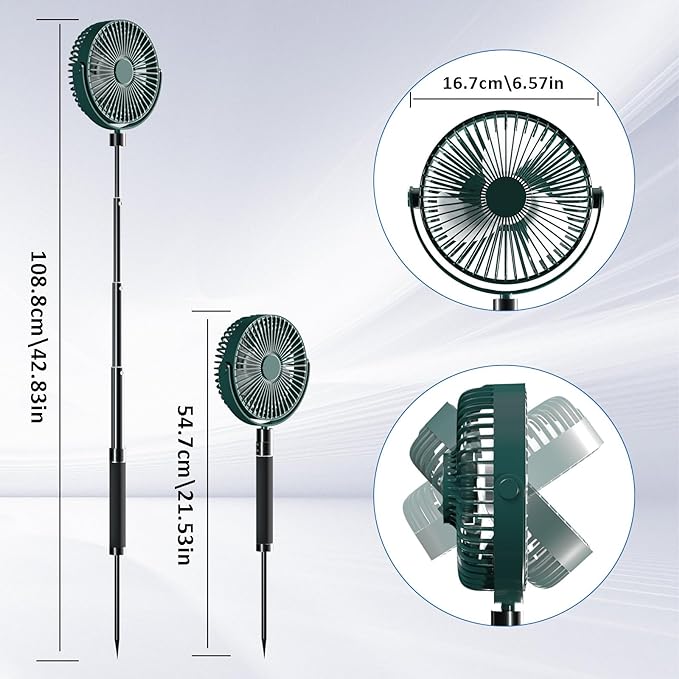 Wavising Batteriebetriebener Camping-Ventilator mit ausziehbarem Bodenständer, tragbarer, wiederaufladbarer Ventilator mit Licht für Camping, Zelt, Wandern, Strand, Golf
