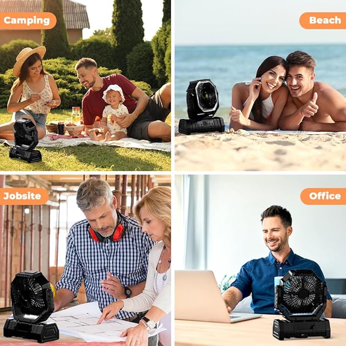 Wavising Camping-Ventilator - 20000mAh Akku-Ventilator wiederaufladbar mit LED-Laterne - Tragbarer Outdoor-Zelt-Ventilator mit Aufhängehaken 4 Geschwindigkeiten Wind-Fernbedienung