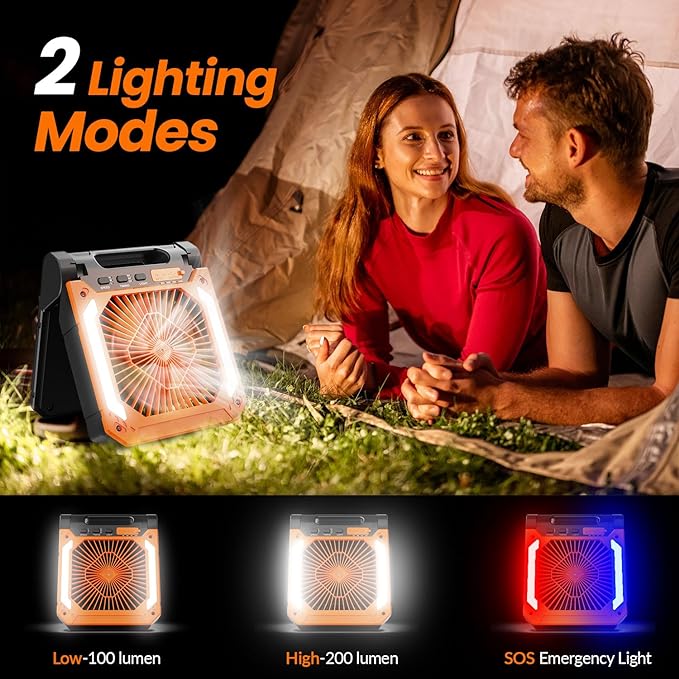 Wavising 20000mAh Wiederaufladbarer, solarbetriebener, tragbarer Ventilator mit Led-Laterne, 3 Geschwindigkeiten, kabelloser, batteriebetriebener Camping-Ventilator mit PowerBank, Timer, Hängeventilator und leisem Tischventilator für Zelt, Hurricane und B
