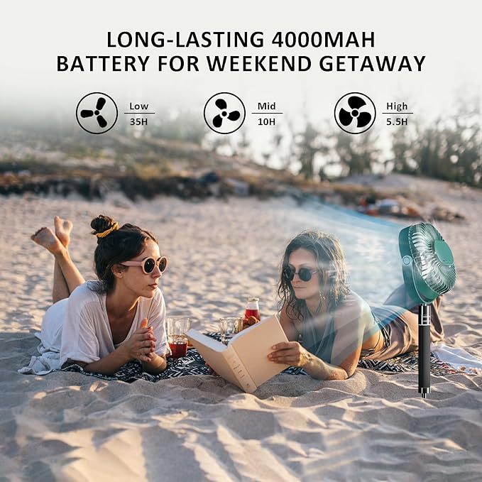 Wavising Batteriebetriebener Camping-Ventilator mit ausziehbarem Bodenständer, tragbarer, wiederaufladbarer Ventilator mit Licht für Camping, Zelt, Wandern, Strand, Golf