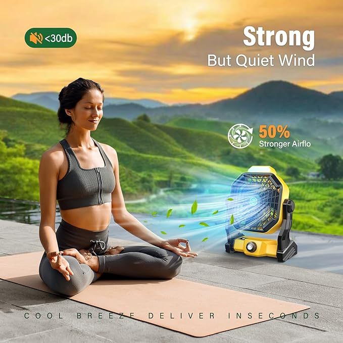 Wavising 10400mAh Solar-Ventilator, Camping-Ventilator mit Solarpanel, 7W wiederaufladbarer solarbetriebener Ventilator für draußen, LED-Laterne, stufenlose Geschwindigkeit und leiser batteriebetriebener Zelt-Ventilator für Picknick, Grillen, Angeln, Reis