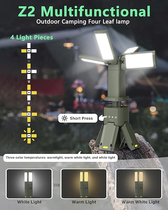 Wavising Tragbare Teleskop-Campingleuchten 14000 mAh Wiederaufladbare LED-Multifunktions-Magnetlaternen, IPX5 wasserdichte Outdoor-Taschenlampe mit vier Led-Lampen ＆ 3-Farben-Dimmung für Notfall, Wandern, Camping