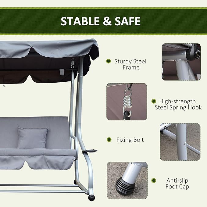 Wavising 2-in-1 Garten-Schaukelsitz-Bett, 3-Sitzer-Convertible-Schaukelstuhl-Bank mit kippbarem Vordach, gepolstertem Sitz und 2 Kissen für Terrasse, Hof, grau