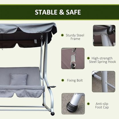 Wavising 2-in-1 Garten-Schaukelsitz-Bett, 3-Sitzer-Convertible-Schaukelstuhl-Bank mit kippbarem Vordach, gepolstertem Sitz und 2 Kissen für Terrasse, Hof, grau