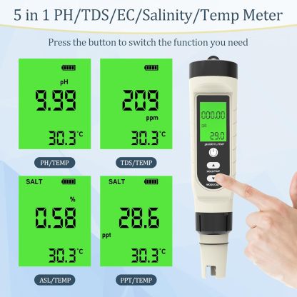 4-in-1 PH+ORP+H2-Messgerät, digitaler Wassertester, Salzgehalt, PH, Temperatur, EC und TDS-Messgerät für Salzwasser und Trinkwasser im Pool, Salzmessgerät für Schwimmbäder, Whirlpools, Hydrokulturen, Aquarien, Spas