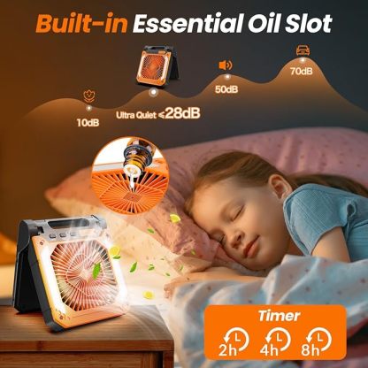 Wavising 20000mAh Wiederaufladbarer, solarbetriebener, tragbarer Ventilator mit Led-Laterne, 3 Geschwindigkeiten, kabelloser, batteriebetriebener Camping-Ventilator mit PowerBank, Timer, Hängeventilator und leisem Tischventilator für Zelt, Hurricane und B