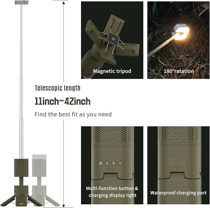 Wavising Camping-Laterne, 14000mAh wiederaufladbare Teleskop-Camping-Lichter mit Magnetfuß, Bluetooth, IPX5 wasserdichte tragbare LED-Taschenlampe für Notfall//Wandern/Camping, Camping Essentials