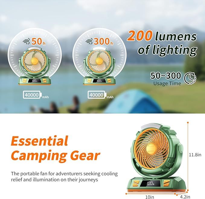 Wavising Camping LED-Ventilator mit Licht, 40000mAh wiederaufladbarer batteriebetriebener Outdoor-Zeltventilator mit Licht und Haken, 4 Geschwindigkeiten, persönlicher USB-Schreibtischventilator für Camping, Angeln, Stromausfall, Orkan, Baustelle
