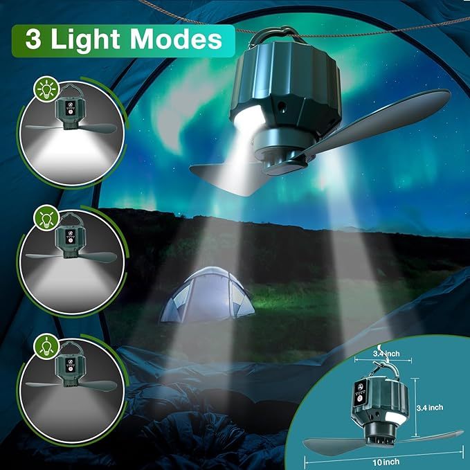 Wavising  Zelt Deckenventilatoren für Camping, tragbare Zelt Ventilatoren mit Licht und Fernbedienung, Power Bank, USB Batterie betriebene Camping Laterne Fan mit hängenden Haken für Outdoor-Zelt