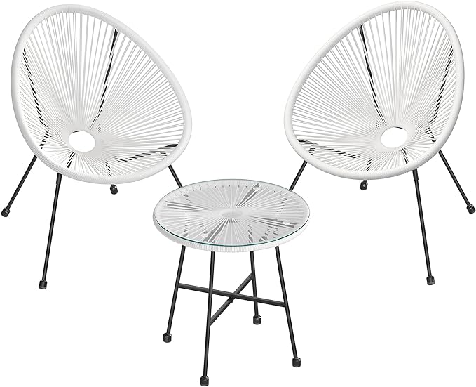 Wavising  Garten-Patio-Möbel-Set 3 Stück, Stuhl, Sitzgelegenheiten im Freien, Tisch mit Glasplatte und 2 Stühle, Konversationsset für drinnen und draußen, weiß 