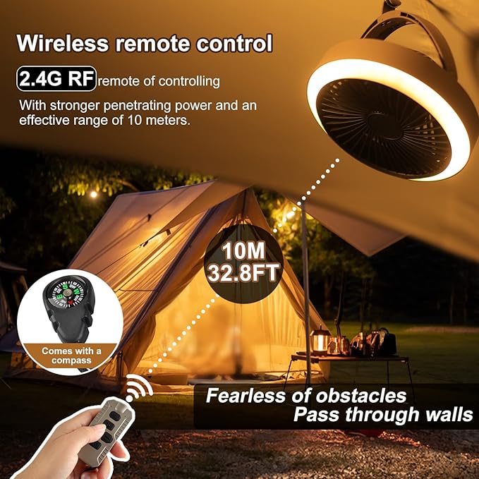 Wavising Camping-Ventilator mit LED-Laterne -USB Typ-C Aufladen, langlebige Batterie (10400mAh), superleise, starker Luftstrom für Sommerhitze, Zeltventilator mit Zelthaken, Fernbedienung, Timer, Kompass und Stativ.
