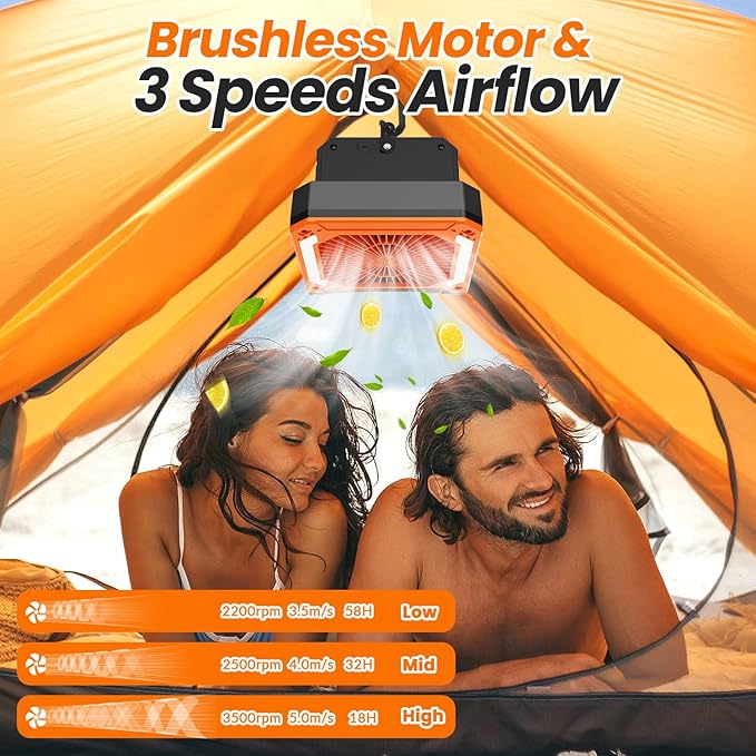 Wavising 20000mAh Wiederaufladbarer, solarbetriebener, tragbarer Ventilator mit Led-Laterne, 3 Geschwindigkeiten, kabelloser, batteriebetriebener Camping-Ventilator mit PowerBank, Timer, Hängeventilator und leisem Tischventilator für Zelt, Hurricane und B
