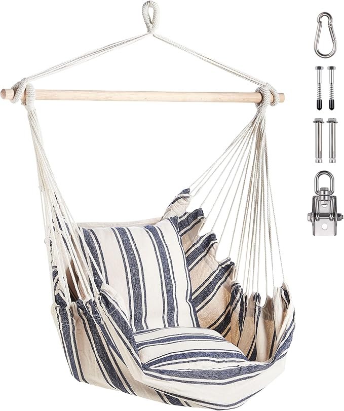 Wavising Hängesessel Outdoor - Blau & Weiß gestreifter Garten Schaukelsitz & Hängemattenstuhl, Starker Baumwollseil-Schaukelstuhl Outdoor - Tragbarer Gartenstuhl, Schaukelsitz für Garten, Terrasse, Terrasse & Decking