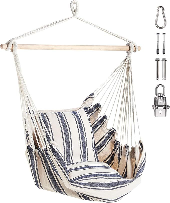 Wavising Hängesessel Outdoor - Blau & Weiß gestreifter Garten Schaukelsitz & Hängemattenstuhl, Starker Baumwollseil-Schaukelstuhl Outdoor - Tragbarer Gartenstuhl, Schaukelsitz für Garten, Terrasse, Terrasse & Decking