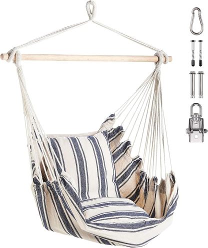 Wavising Hängesessel Outdoor - Blau & Weiß gestreifter Garten Schaukelsitz & Hängemattenstuhl, Starker Baumwollseil-Schaukelstuhl Outdoor - Tragbarer Gartenstuhl, Schaukelsitz für Garten, Terrasse, Terrasse & Decking