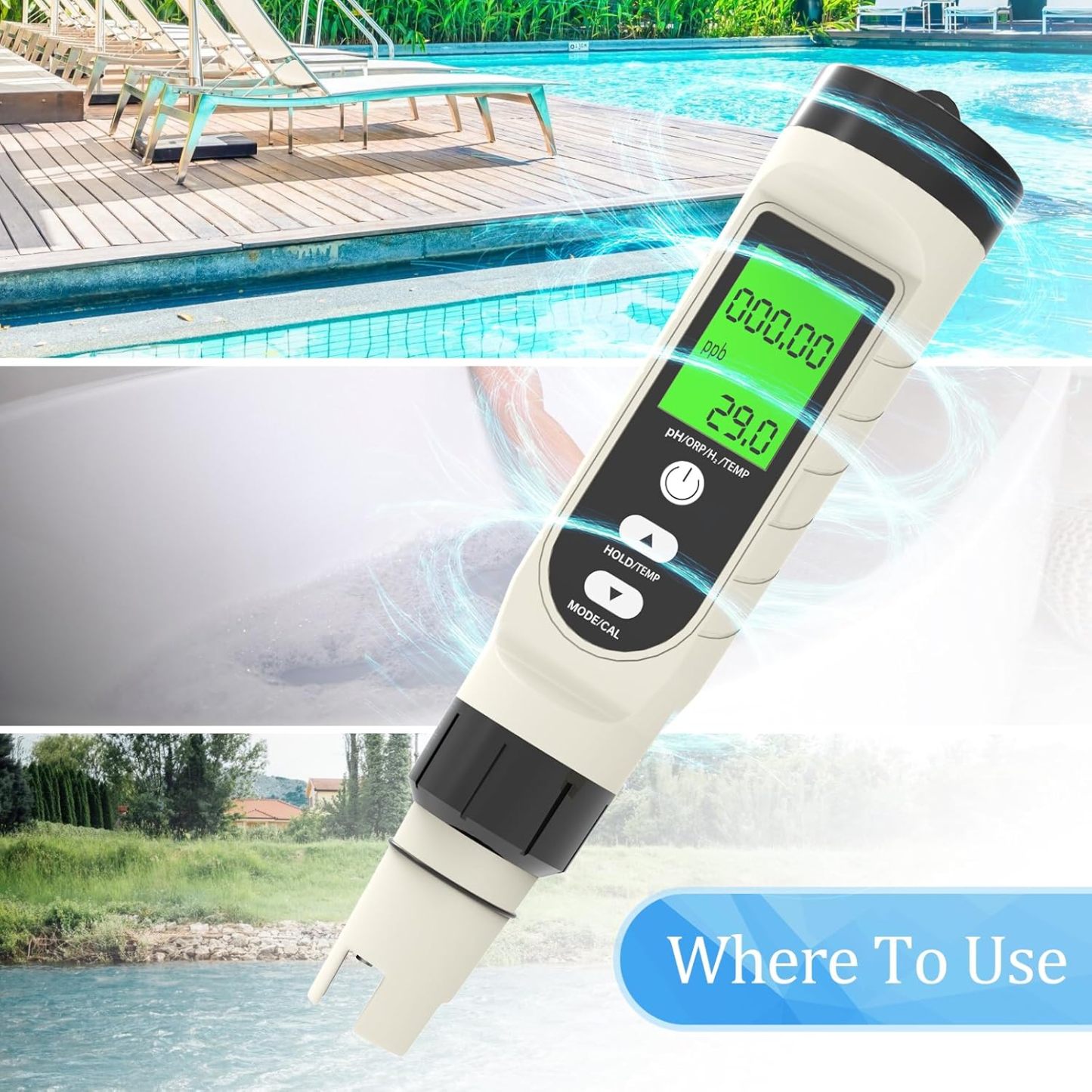 4-in-1 PH+ORP+H2-Messgerät, digitaler Wassertester, Salzgehalt, PH, Temperatur, EC und TDS-Messgerät für Salzwasser und Trinkwasser im Pool, Salzmessgerät für Schwimmbäder, Whirlpools, Hydrokulturen, Aquarien, Spas