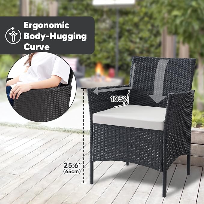 Wavising Rattan Garten Gartenmöbel Set 3 Stück Patio Konversation Sets PE Wicker 2 Sofa Stühle mit Kissen und Couchtisch für Poolside Hinterhof Balkon, schwarz