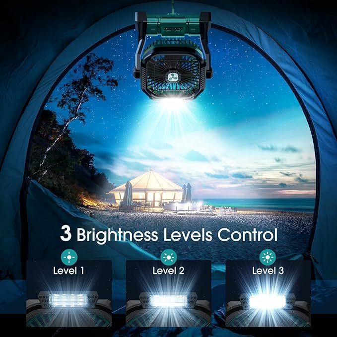 Wavising Tragbarer Ventilator wiederaufladbar, 20000mAh kabelloser batteriebetriebener Ventilator mit LED-Laterne, Tischventilator, USB C batteriebetriebene Ventilatoren für Reisen Schlafzimmer Haus Camping Zelt Büro Strand Schreibtisch Angeln