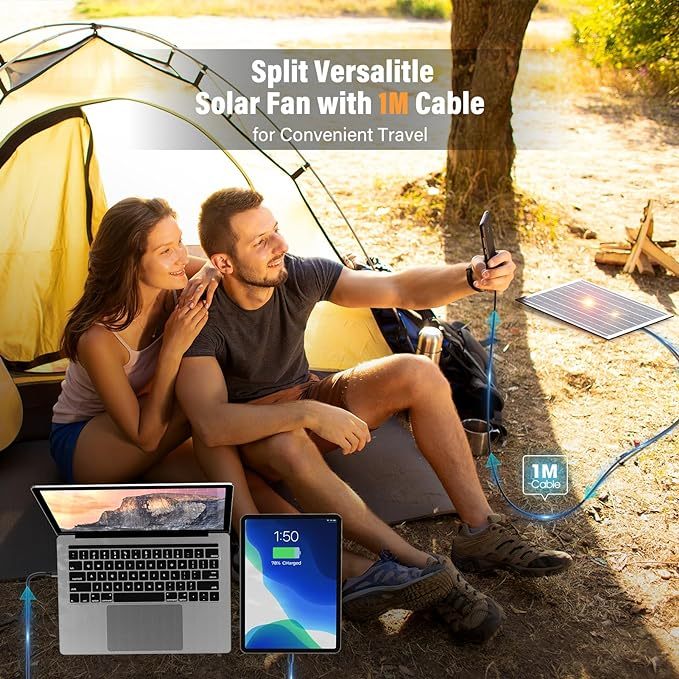 Wavising 10400mAh Solar-Ventilator, Camping-Ventilator mit Solarpanel, 7W wiederaufladbarer solarbetriebener Ventilator für draußen, LED-Laterne, stufenlose Geschwindigkeit und leiser batteriebetriebener Zelt-Ventilator für Picknick, Grillen, Angeln, Reis