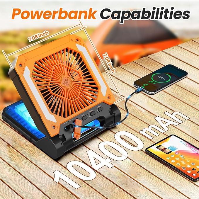 Wavising 20000mAh Wiederaufladbarer, solarbetriebener, tragbarer Ventilator mit Led-Laterne, 3 Geschwindigkeiten, kabelloser, batteriebetriebener Camping-Ventilator mit PowerBank, Timer, Hängeventilator und leisem Tischventilator für Zelt, Hurricane und B