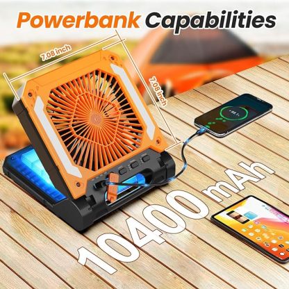 Wavising 20000mAh Wiederaufladbarer, solarbetriebener, tragbarer Ventilator mit Led-Laterne, 3 Geschwindigkeiten, kabelloser, batteriebetriebener Camping-Ventilator mit PowerBank, Timer, Hängeventilator und leisem Tischventilator für Zelt, Hurricane und B