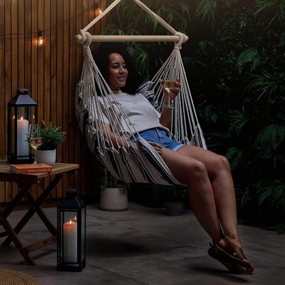 Wavising Hängesessel Outdoor - Blau & Weiß gestreifter Garten Schaukelsitz & Hängemattenstuhl, Starker Baumwollseil-Schaukelstuhl Outdoor - Tragbarer Gartenstuhl, Schaukelsitz für Garten, Terrasse, Terrasse & Decking