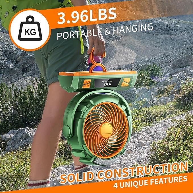 Wavising Camping LED-Ventilator mit Licht, 40000mAh wiederaufladbarer batteriebetriebener Outdoor-Zeltventilator mit Licht und Haken, 4 Geschwindigkeiten, persönlicher USB-Schreibtischventilator für Camping, Angeln, Stromausfall, Orkan, Baustelle