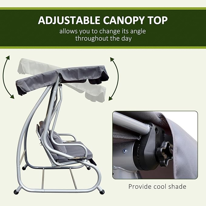 Wavising 2-in-1 Garten-Schaukelsitz-Bett, 3-Sitzer-Convertible-Schaukelstuhl-Bank mit kippbarem Vordach, gepolstertem Sitz und 2 Kissen für Terrasse, Hof, grau