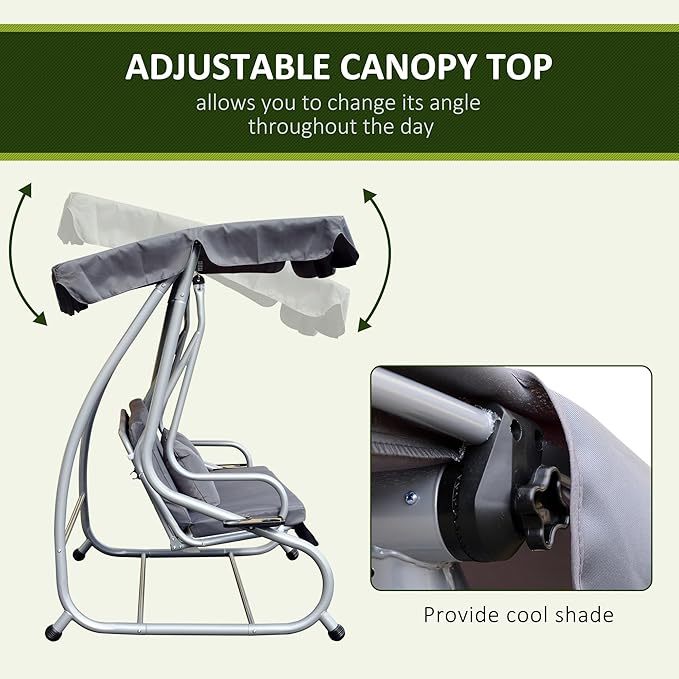 Wavising 2-in-1 Garten-Schaukelsitz-Bett, 3-Sitzer-Convertible-Schaukelstuhl-Bank mit kippbarem Vordach, gepolstertem Sitz und 2 Kissen für Terrasse, Hof, grau