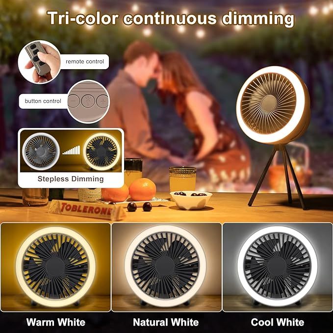 Wavising Camping-Ventilator mit LED-Laterne -USB Typ-C Aufladen, langlebige Batterie (10400mAh), superleise, starker Luftstrom für Sommerhitze, Zeltventilator mit Zelthaken, Fernbedienung, Timer, Kompass und Stativ.