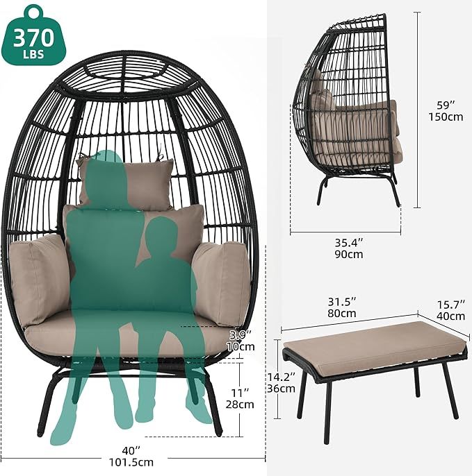 Wavising Wicker Egg Chair mit Ottomane Outdoor Indoor Oversized Lounger mit Ständer, Kissen, Egg Basket Chair für Patio Backyard Porch - Brown & Black