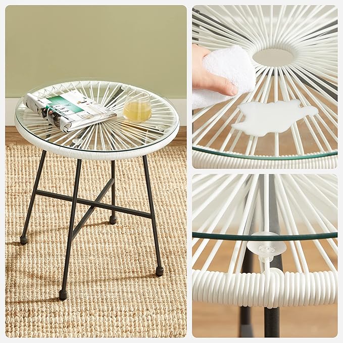 Wavising  Garten-Patio-Möbel-Set 3 Stück, Stuhl, Sitzgelegenheiten im Freien, Tisch mit Glasplatte und 2 Stühle, Konversationsset für drinnen und draußen, weiß 