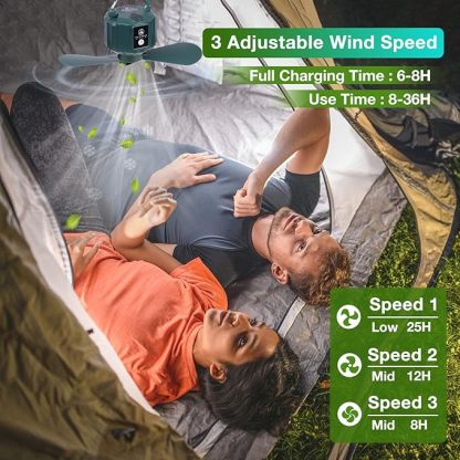 Wavising  Zelt Deckenventilatoren für Camping, tragbare Zelt Ventilatoren mit Licht und Fernbedienung, Power Bank, USB Batterie betriebene Camping Laterne Fan mit hängenden Haken für Outdoor-Zelt
