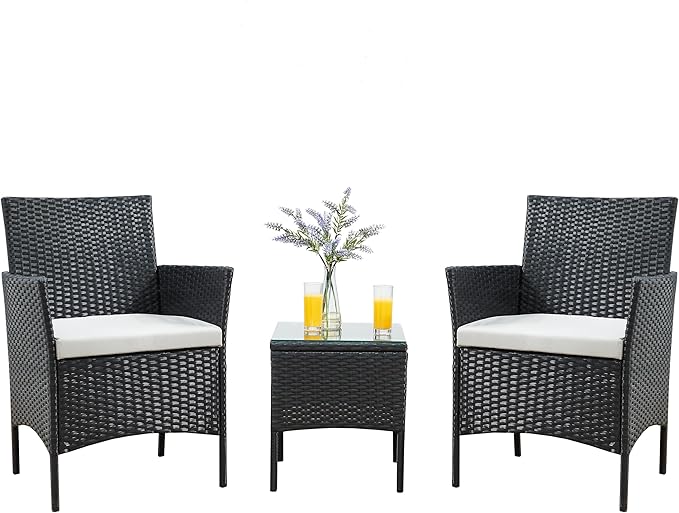 Wavising Rattan Garten Gartenmöbel Set 3 Stück Patio Konversation Sets PE Wicker 2 Sofa Stühle mit Kissen und Couchtisch für Poolside Hinterhof Balkon, schwarz
