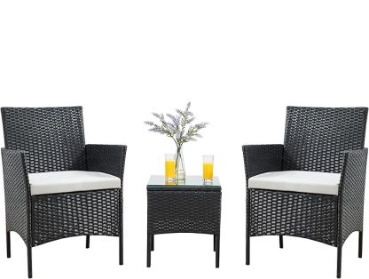 Wavising Rattan Garten Gartenmöbel Set 3 Stück Patio Konversation Sets PE Wicker 2 Sofa Stühle mit Kissen und Couchtisch für Poolside Hinterhof Balkon, schwarz