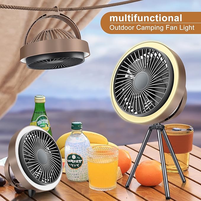 Wavising Camping-Ventilator mit LED-Laterne -USB Typ-C Aufladen, langlebige Batterie (10400mAh), superleise, starker Luftstrom für Sommerhitze, Zeltventilator mit Zelthaken, Fernbedienung, Timer, Kompass und Stativ.