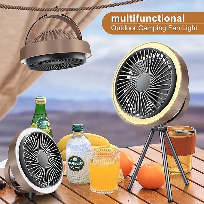 Wavising Camping-Ventilator mit LED-Laterne -USB Typ-C Aufladen, langlebige Batterie (10400mAh), superleise, starker Luftstrom für Sommerhitze, Zeltventilator mit Zelthaken, Fernbedienung, Timer, Kompass und Stativ.