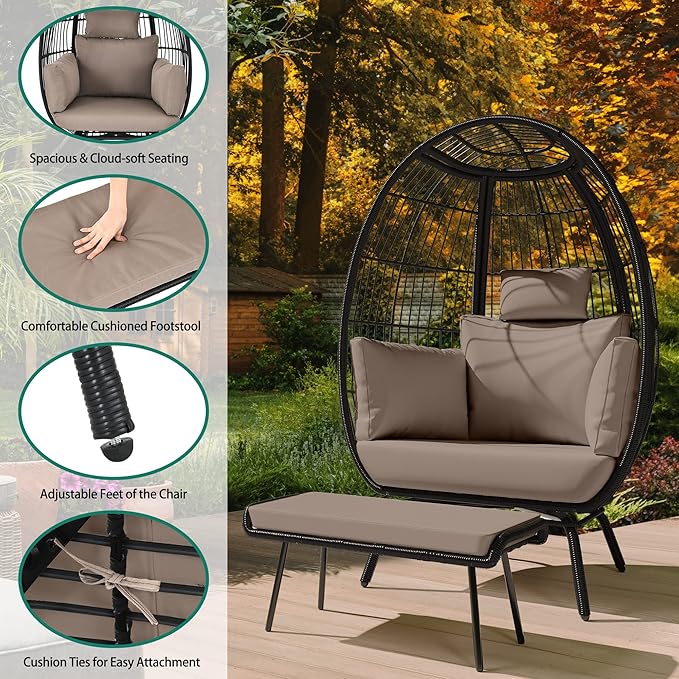 Wavising Wicker Egg Chair mit Ottomane Outdoor Indoor Oversized Lounger mit Ständer, Kissen, Egg Basket Chair für Patio Backyard Porch - Brown & Black
